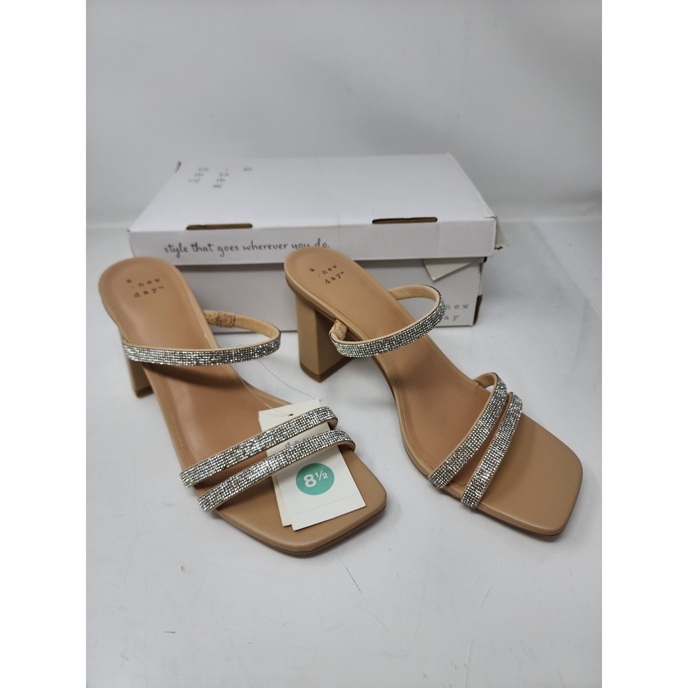 A New Day Womens Stacy Rhinestone Strap Block Heel Sandal Poly Blend Size 8.5